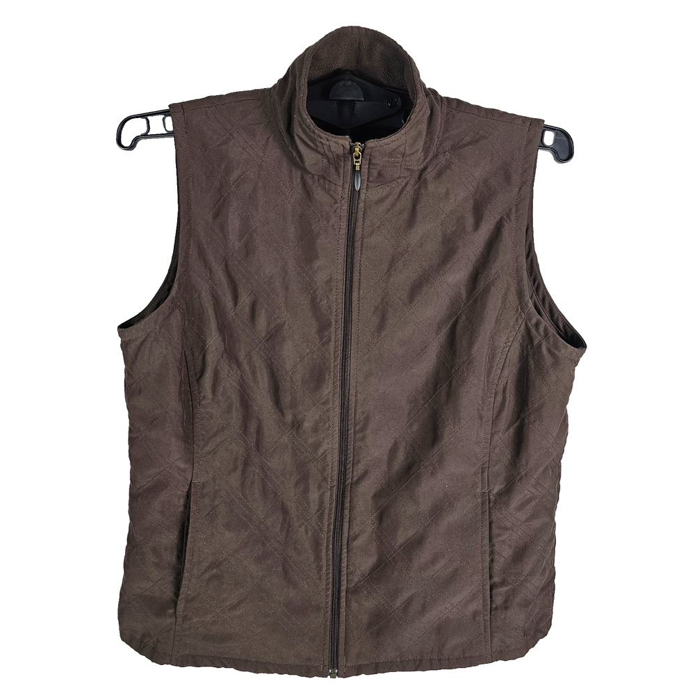 Columbia Brown Quilted Vest Women's Large Full Zip Fleece Collar